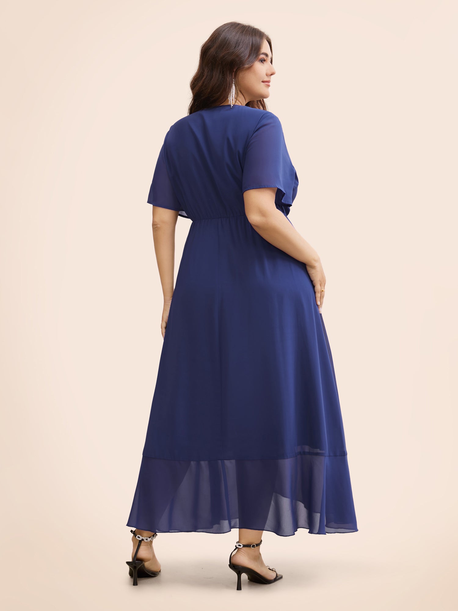 Chiffon Overlap Collar Ruffle Sleeve Dress