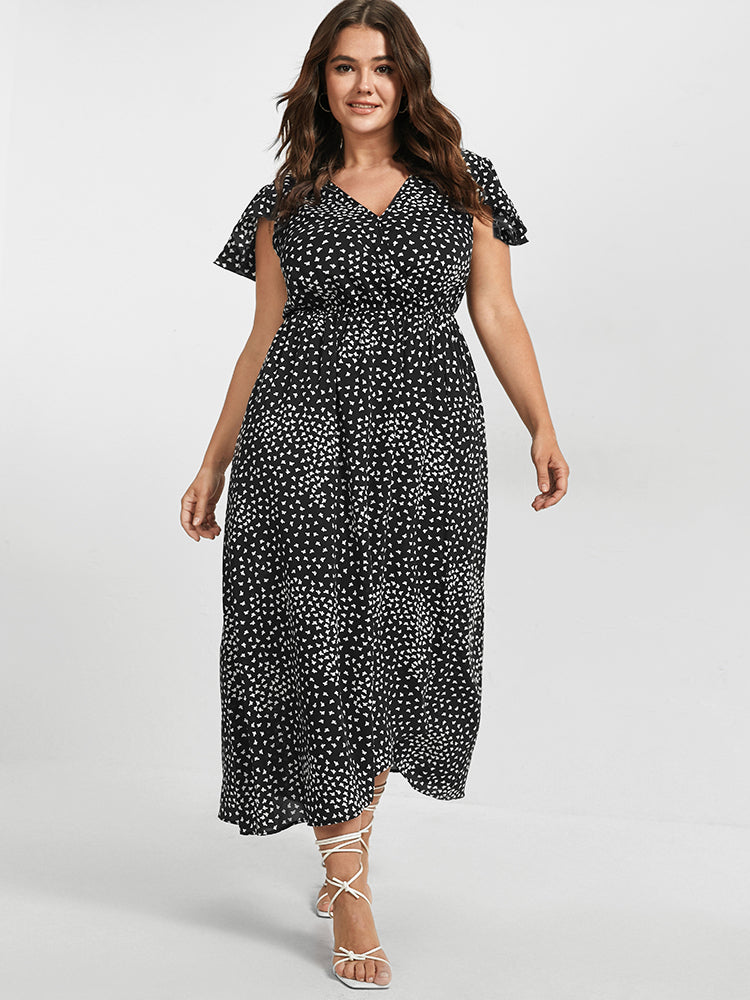 V Neck Butterfly Pattern Split Dress