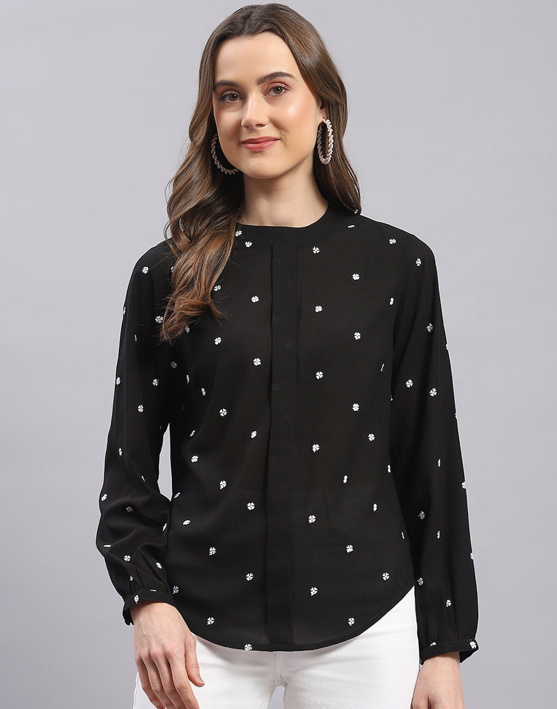 Women Black Embroidered Round Neck Full Sleeve Top