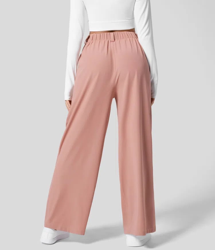 High Waisted Plicated Side Pocket Wide Leg Waffle Work Pants