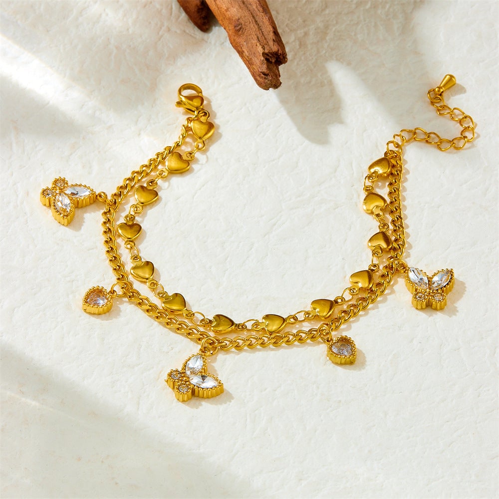 Fashion Stainless Steel Double-Layered Heart-Shaped Diamond Butterfly Heart-Shaped Bracelet