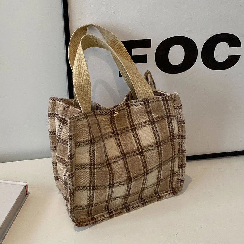 Women's Large Woolen Lattice Elegant Streetwear Square Open Tote Bag