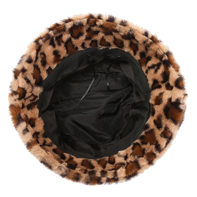 Hat Women's Winter Face-looking Leopard Print Fisherman Hat Women's Warm Basin Hat Plush Bucket Hat