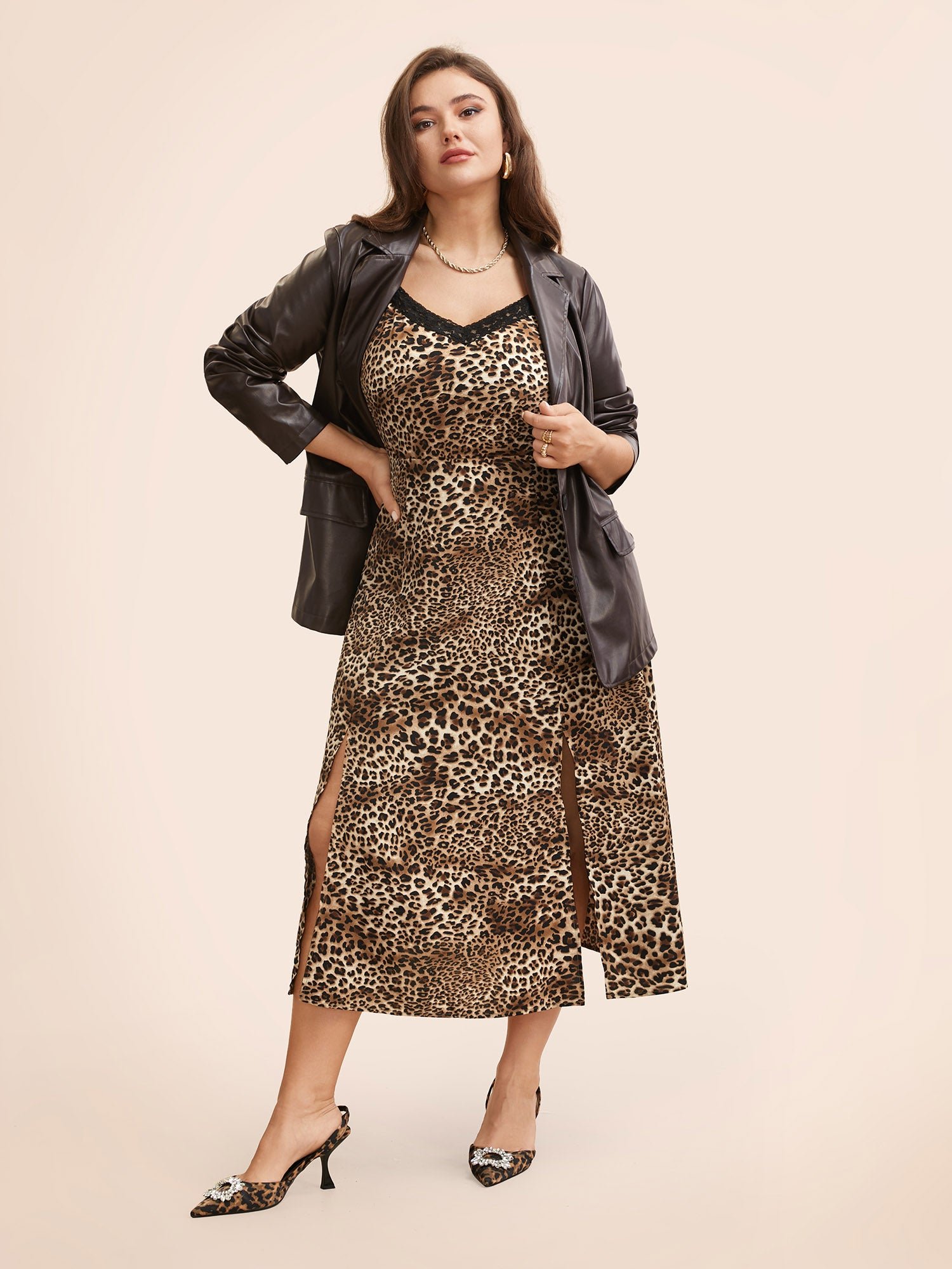 Leopard Print Lace Patchwork Slit Hem Dress