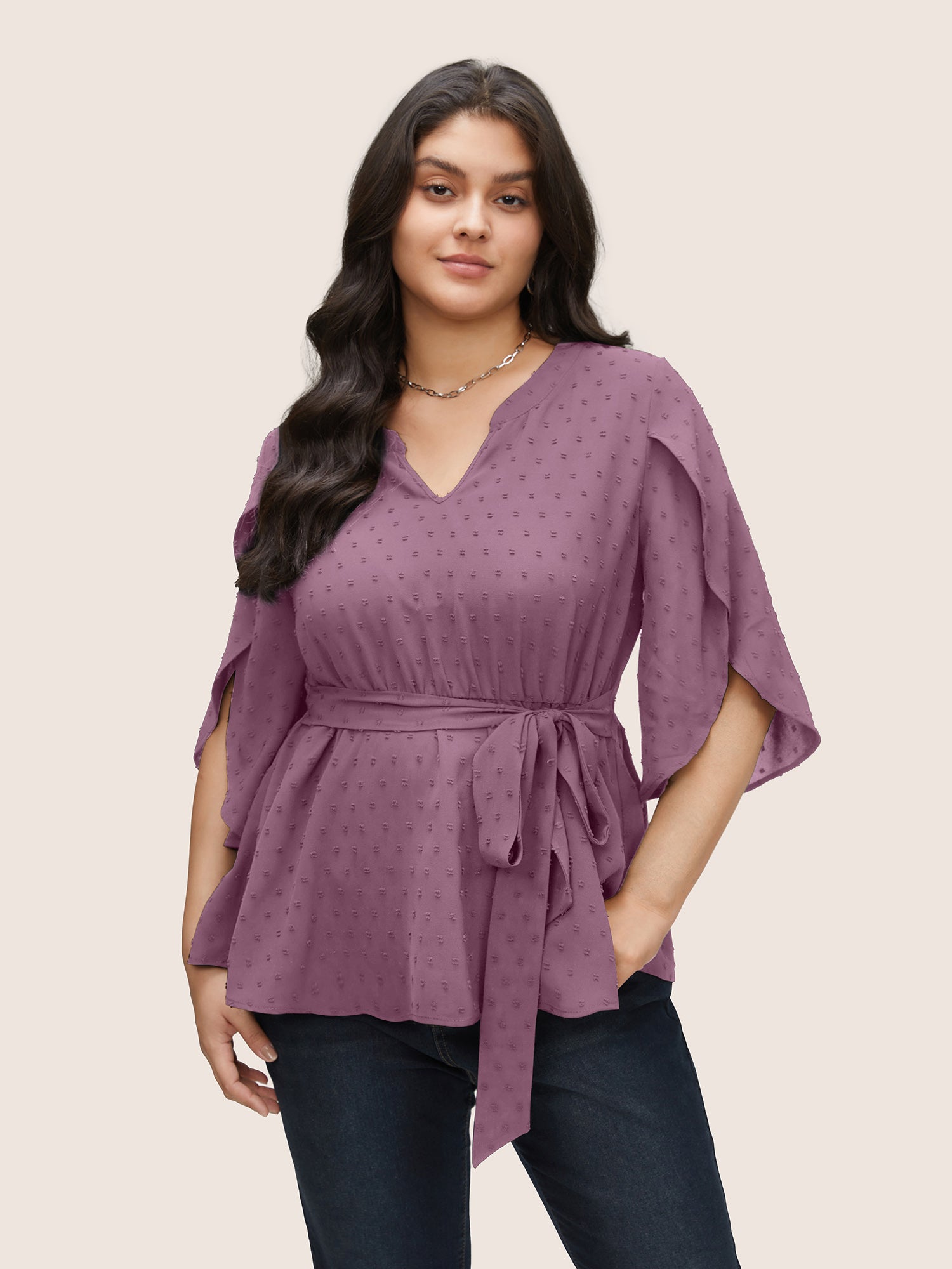 Plain Textured Petal Sleeve Ties Blouse