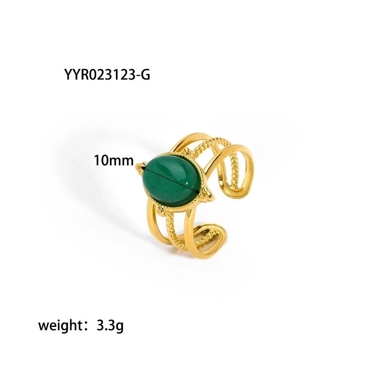 304 Stainless Steel 18K Gold Plated Retro Plating Inlay Heart Shape Solid Color Natural Stone Open Rings