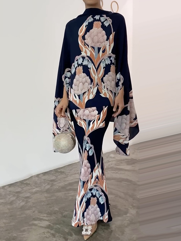 Batwing Sleeves Loose Flower Print Mock Neck Blouses&Shirts Tops