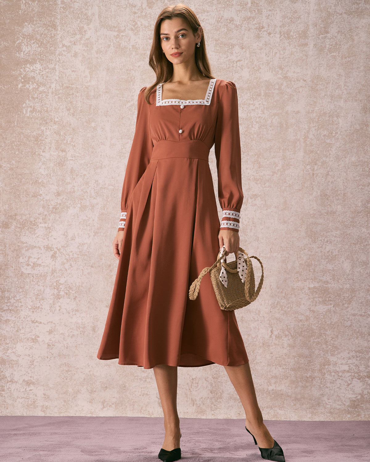 The Brown Square Neck Lace Trim Midi Dress