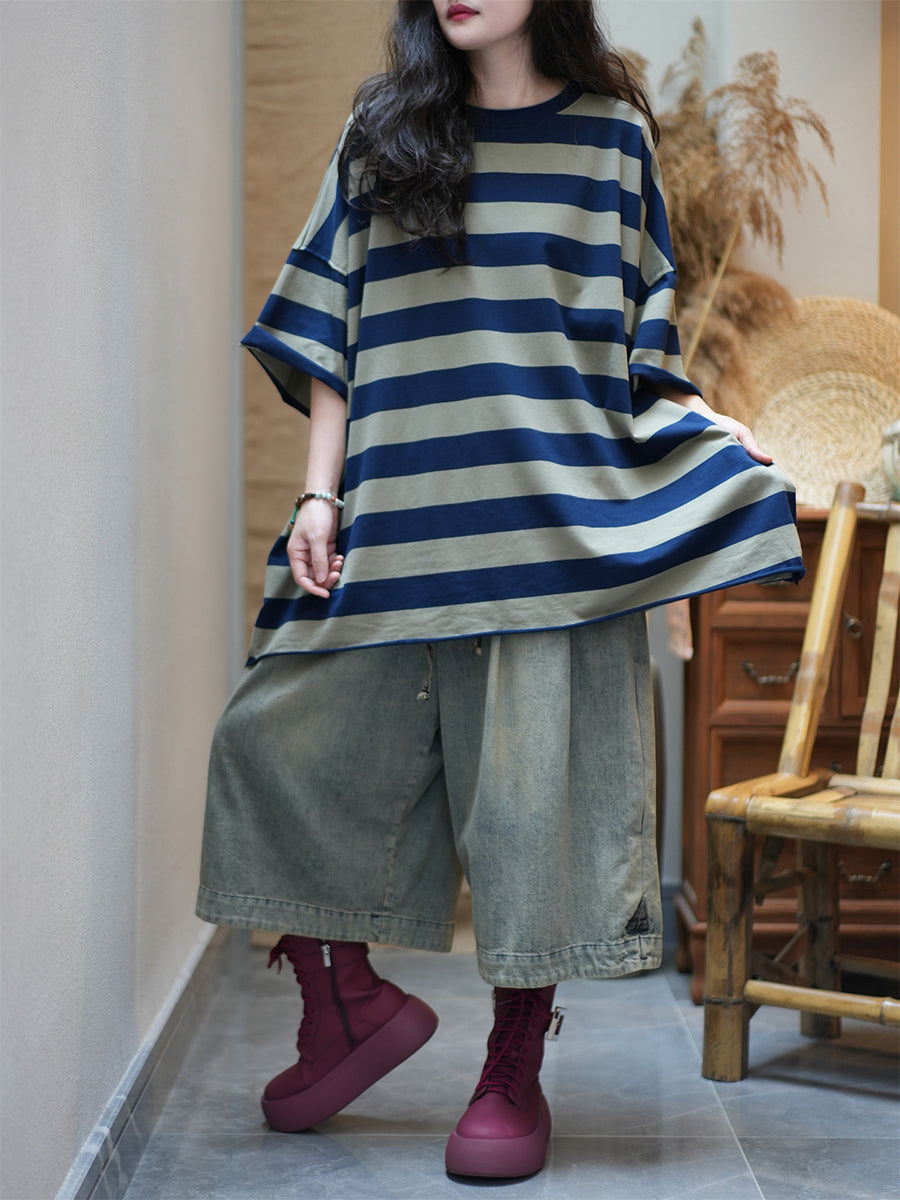 Women Summer Casual Stripe O-Neck Cotton Shirt