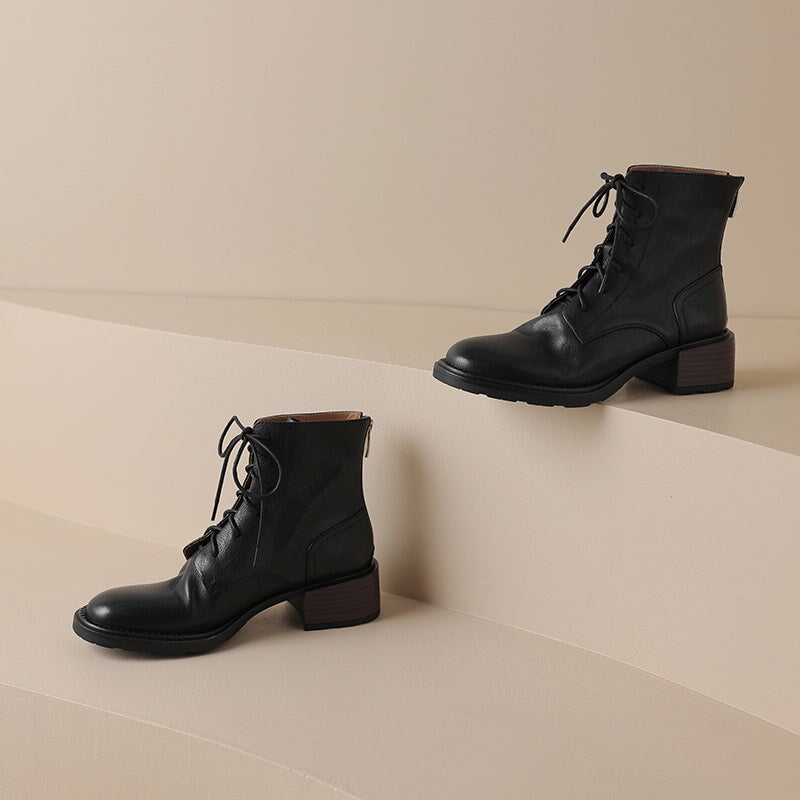 Women's Handmade Cowhide Lace-Up Zipper Martin Boots with Mid Heel Black/Brown