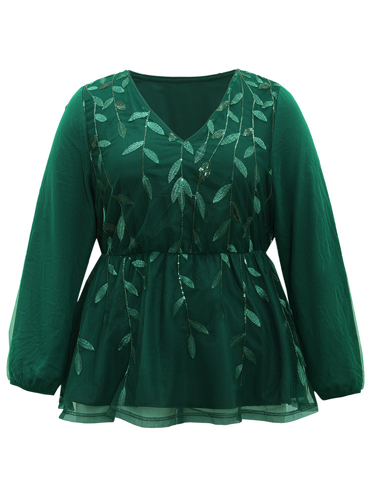 Leaves Embroidered Sequin Tiered Mesh Blouse