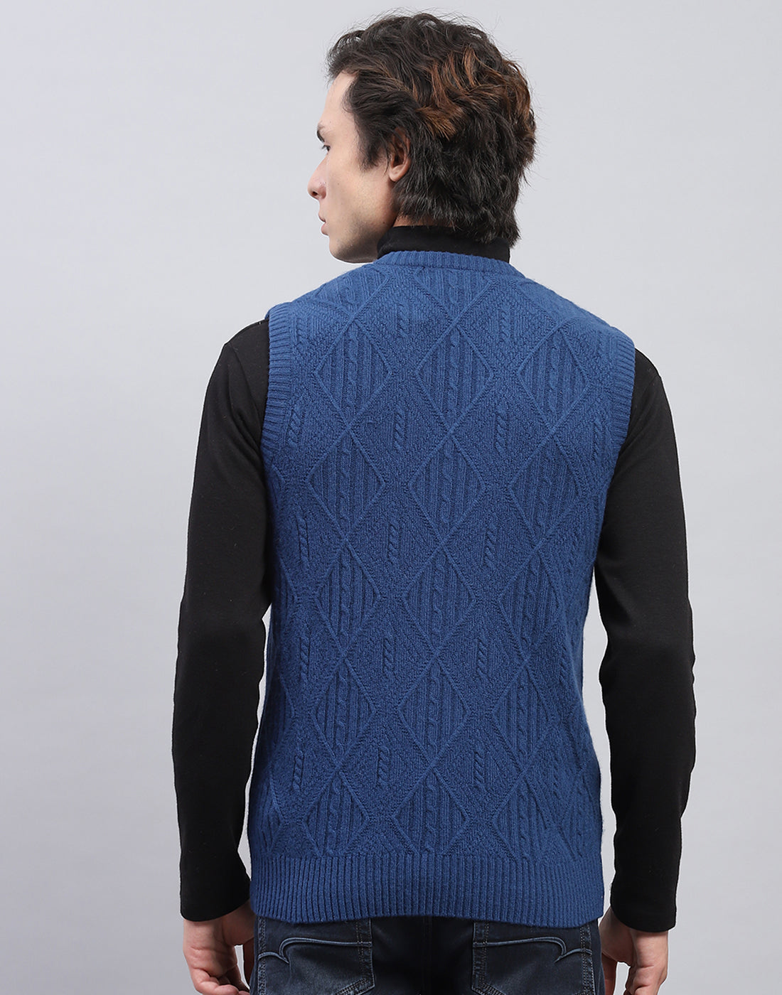 Men Blue Self Design V Neck Sleeveless Sweater