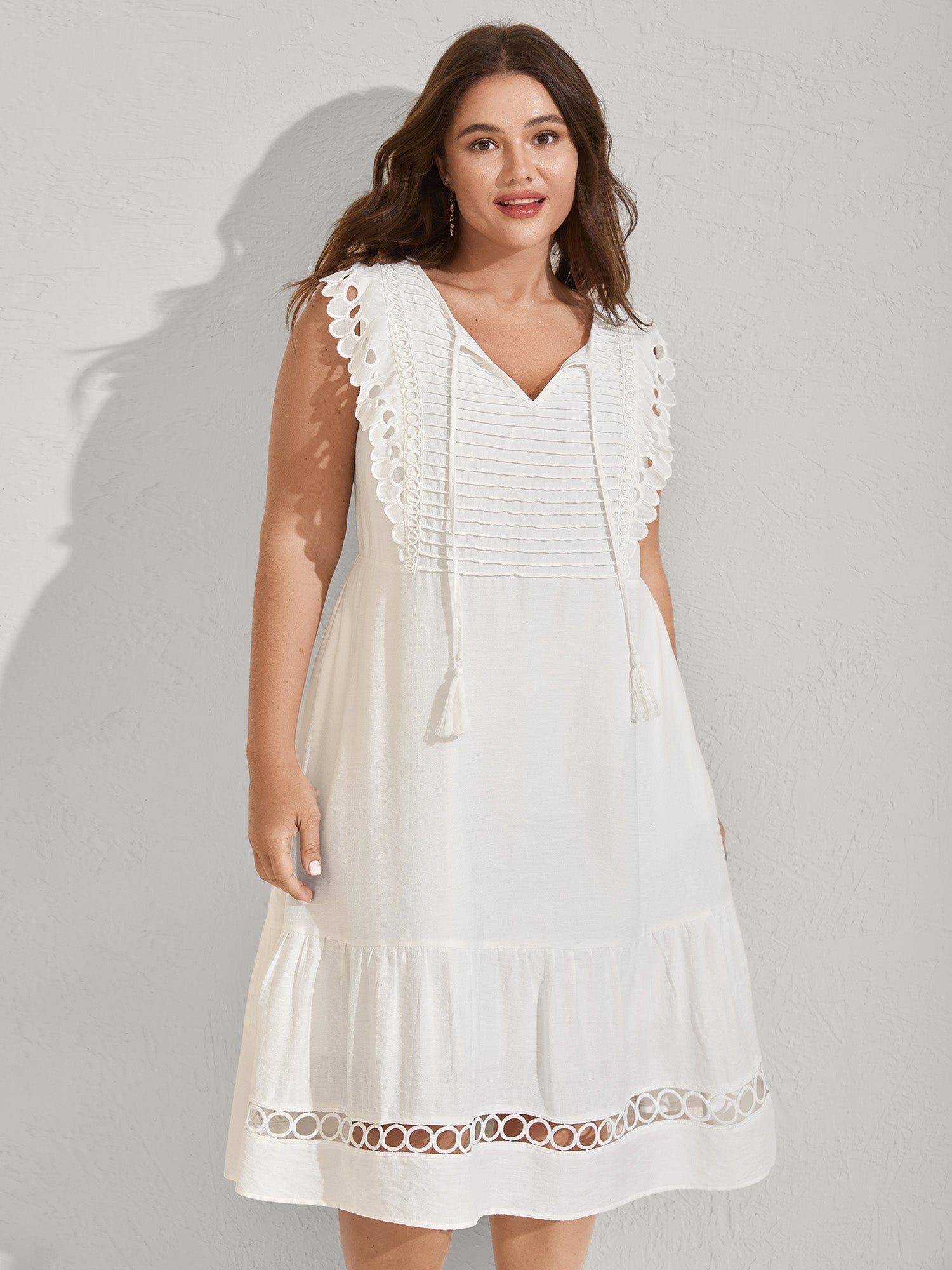 Lace Embroidered Sleeve Plain Midi Dress