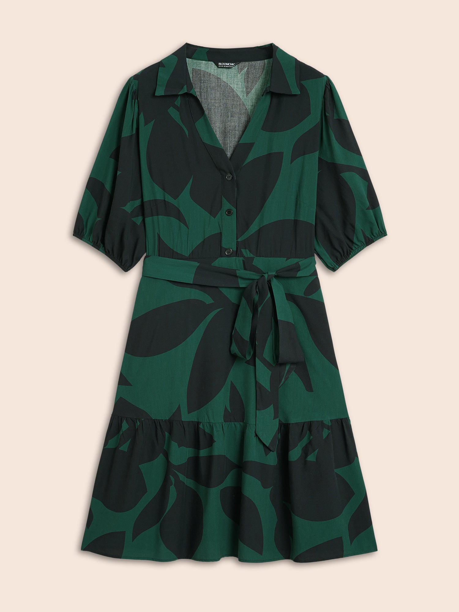 Plant Pocket Puff Sleeve Belt Ruffle Hem Button Up Dress