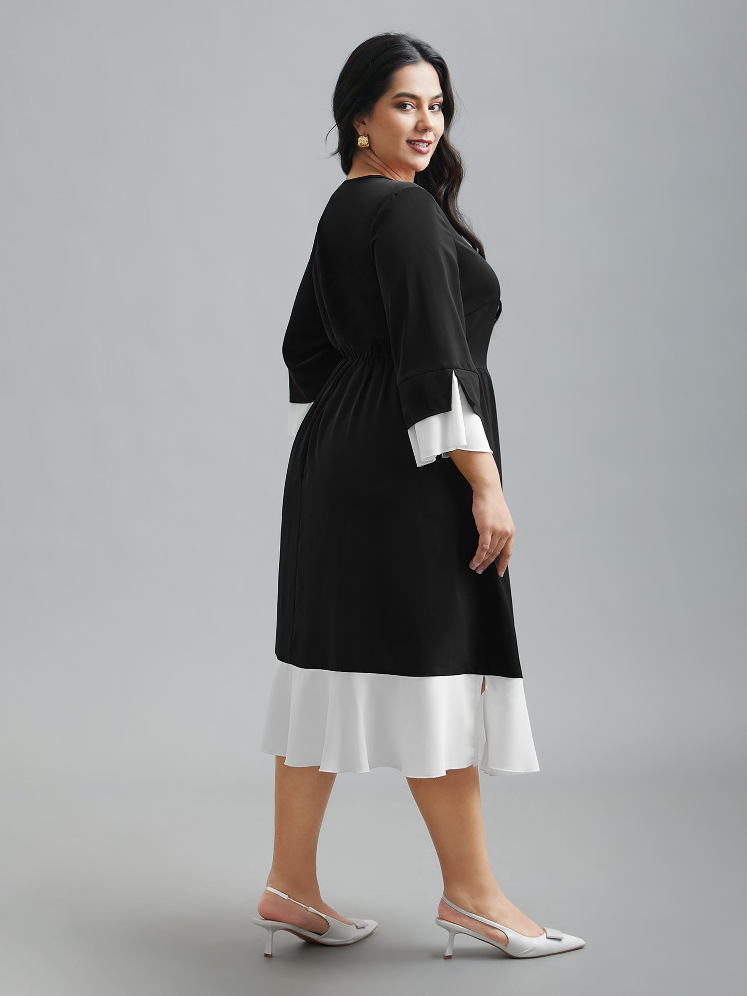 Color Contrast Tiered Skirt Pocket Midi Dress