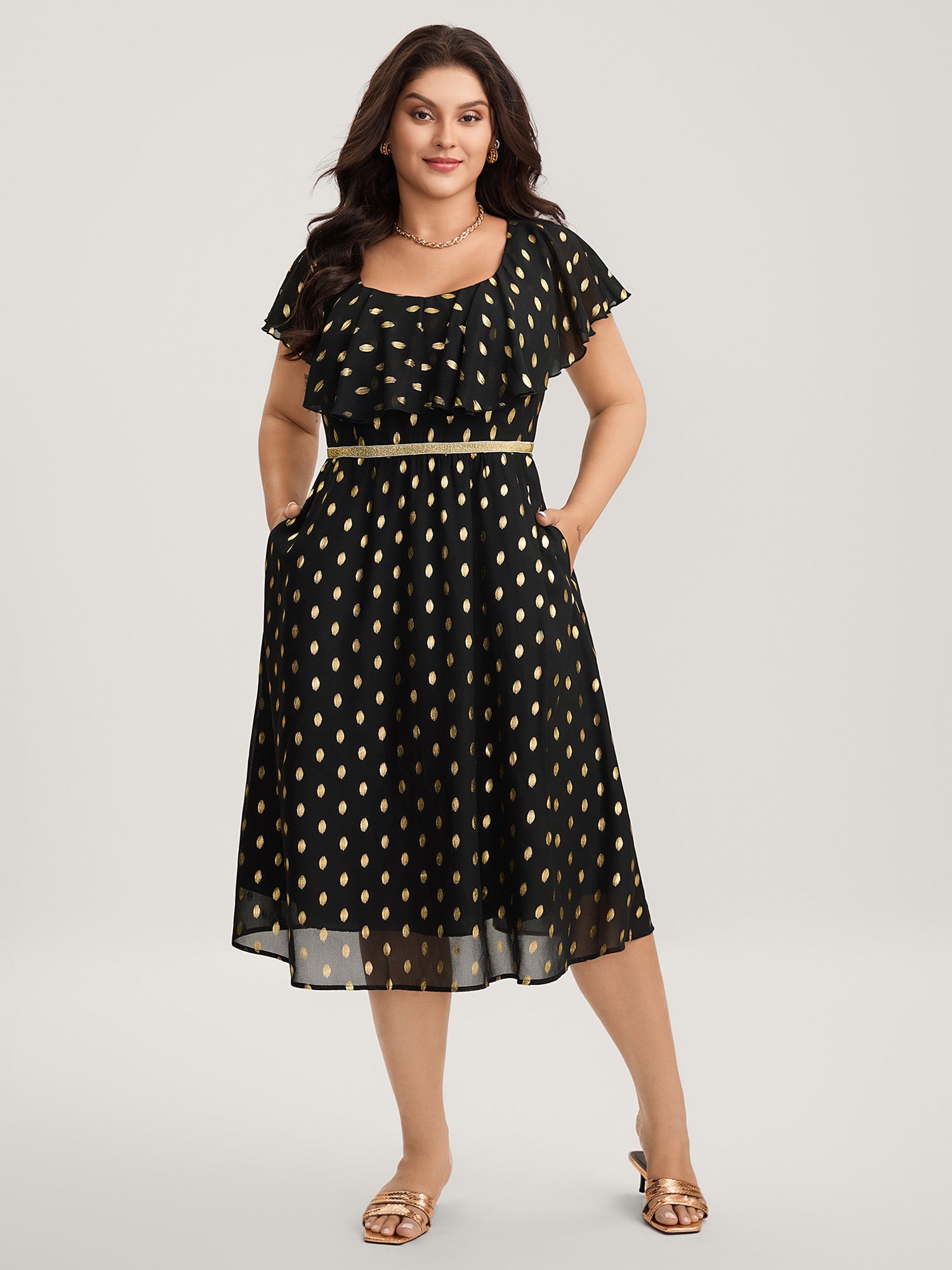 Shimmery Polka Dot Stretchy Waist Midi Dress