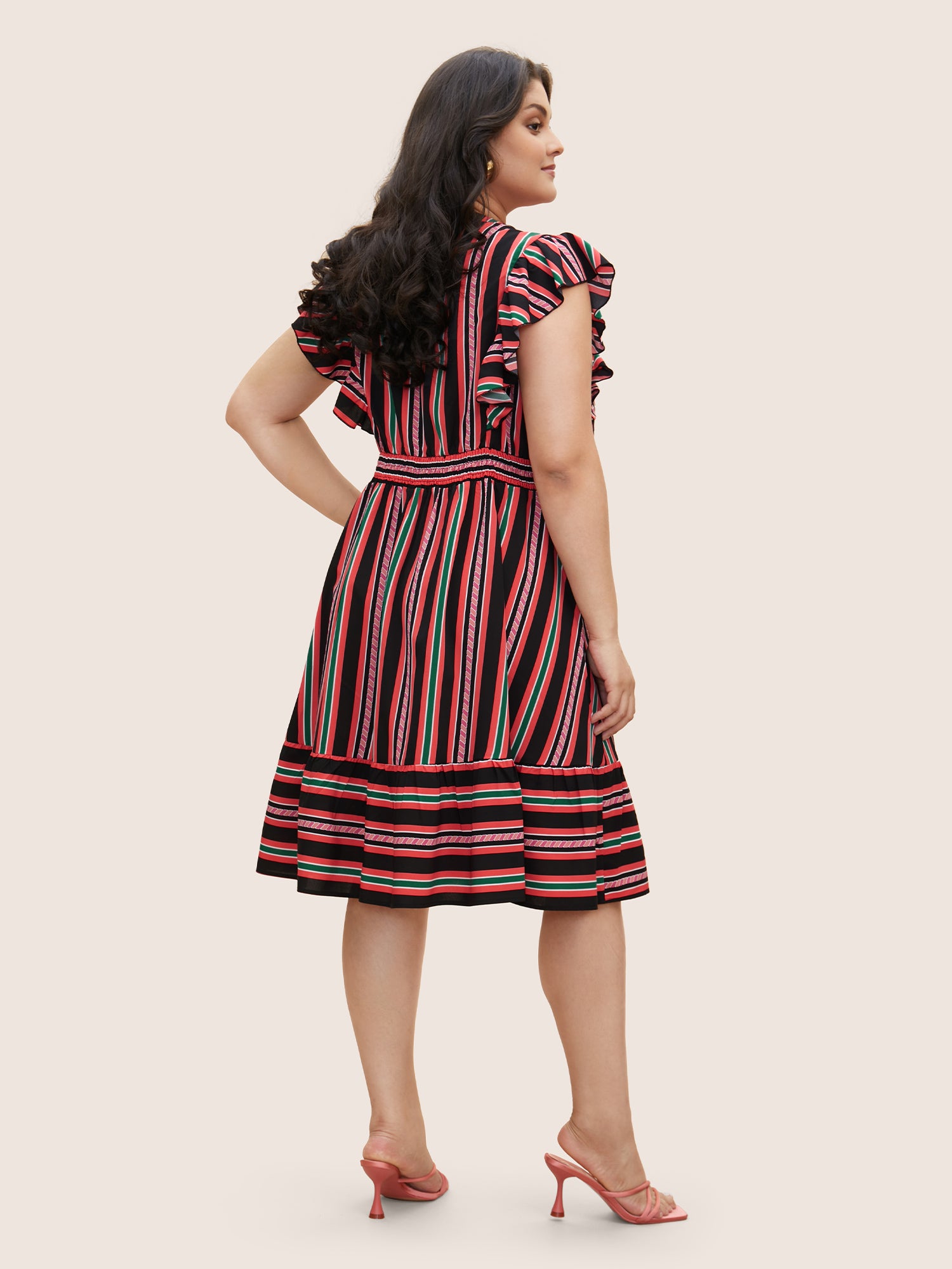 Contrast Striped Ruffle Cap Sleeve Dress