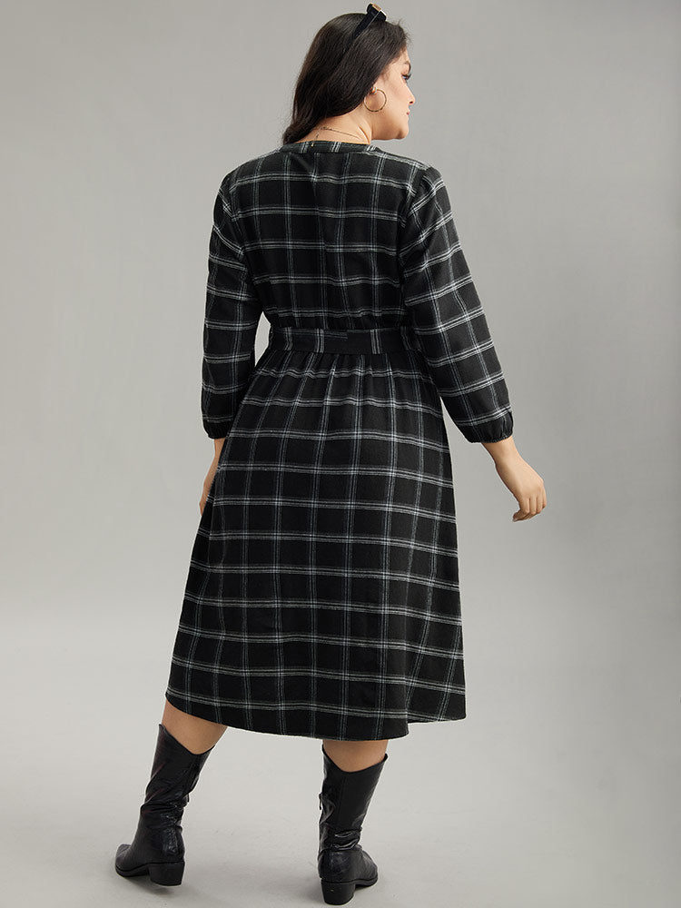 Plaid Notched Elastic Waist Belted Dress
