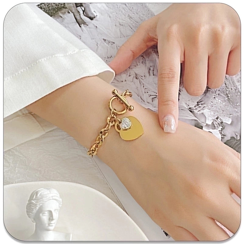Minimalist Heart Shape Titanium Steel Asymmetrical Inlay Artificial Diamond Bracelets