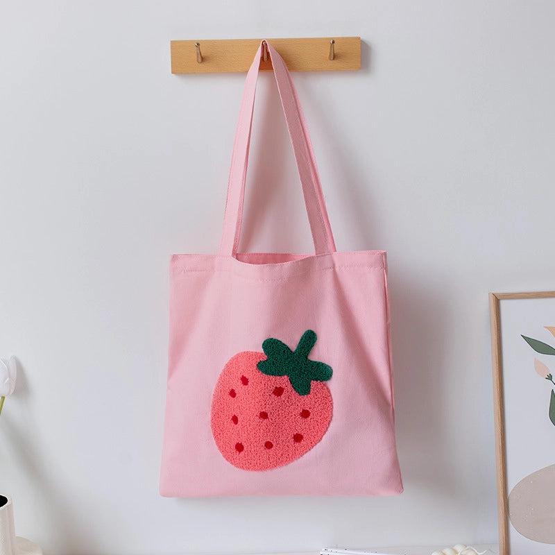 Women's Large Canvas Strawberry Streetwear Embroidery Square Zipper Handbag