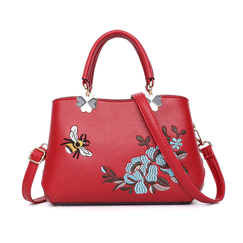 Women's Pu Leather Flower Bee Classic Style Sewing Thread Bucket Zipper Handbag Crossbody Bag