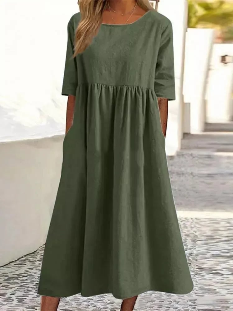 49% OFF🔥Women's Casual Basic Outdoor Crew Neck Pocket Smocked Cotton Dress