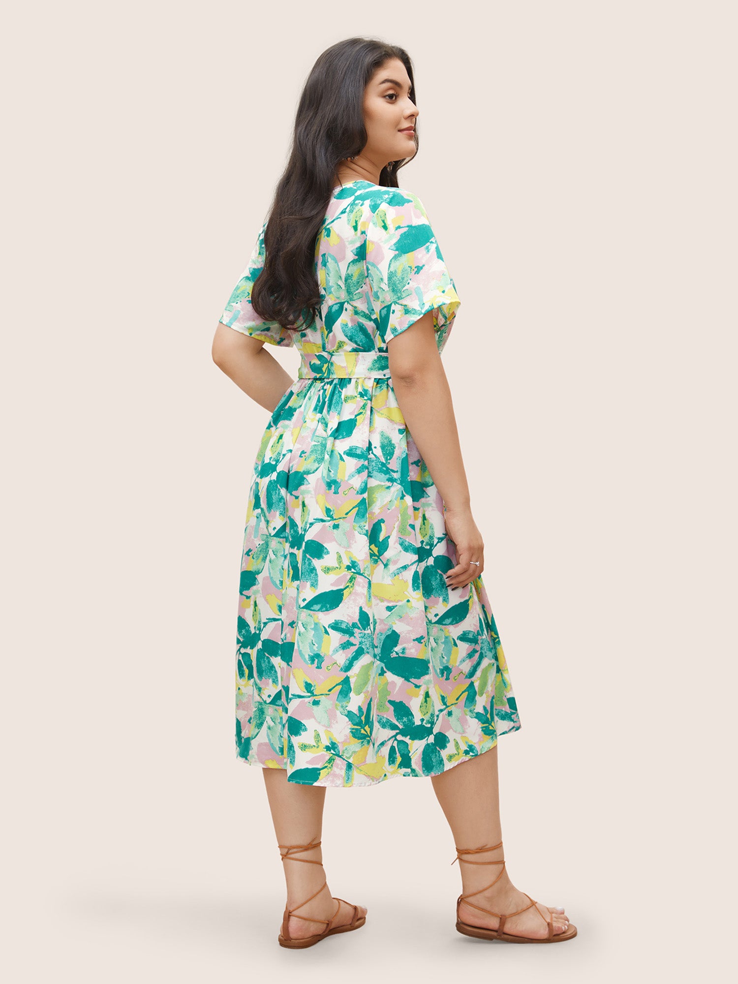 Overlap Collar Plants Print Elastic Waist Belted Dress