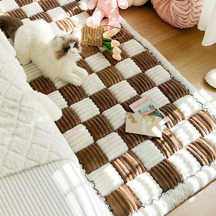 🔥Hot Sale🔥👉🐶Cream-coloured Large Plaid Square Pet Mat Bed Couch Cover🐱