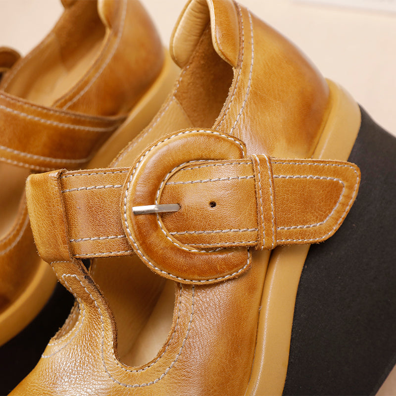80mm Heel Chunky Platform T-Straps Cowhide Wedges Mary Jane in Khaki/Black