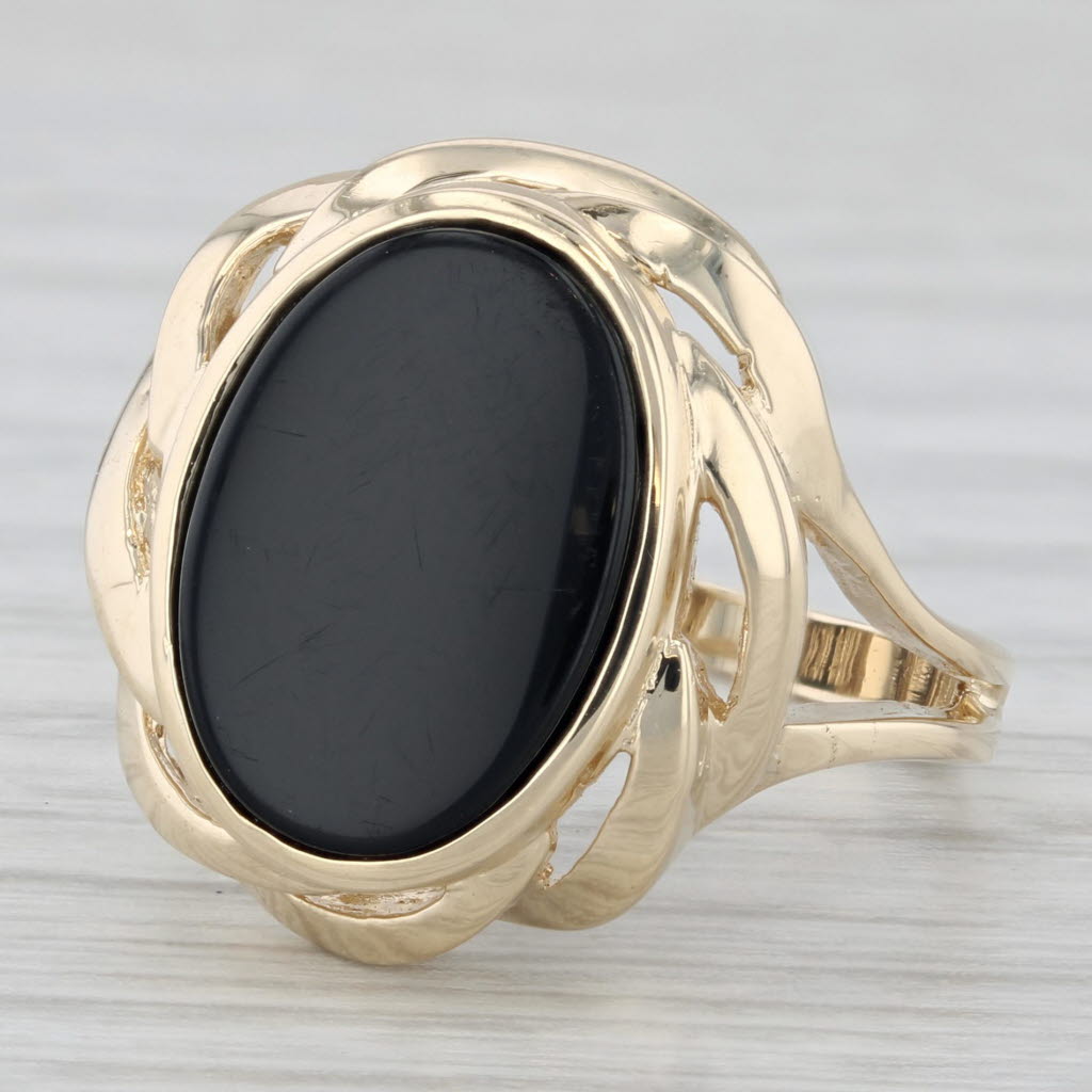 Black Onyx Oval Tablet 10K Yellow Gold Statement Ring Size 6.75