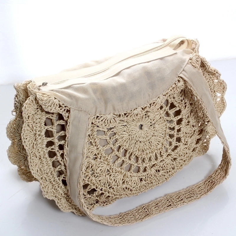 Women's Medium Crafted Paper Rope Solid Color Beach Weave Hollow Round Zipper Straw Bag