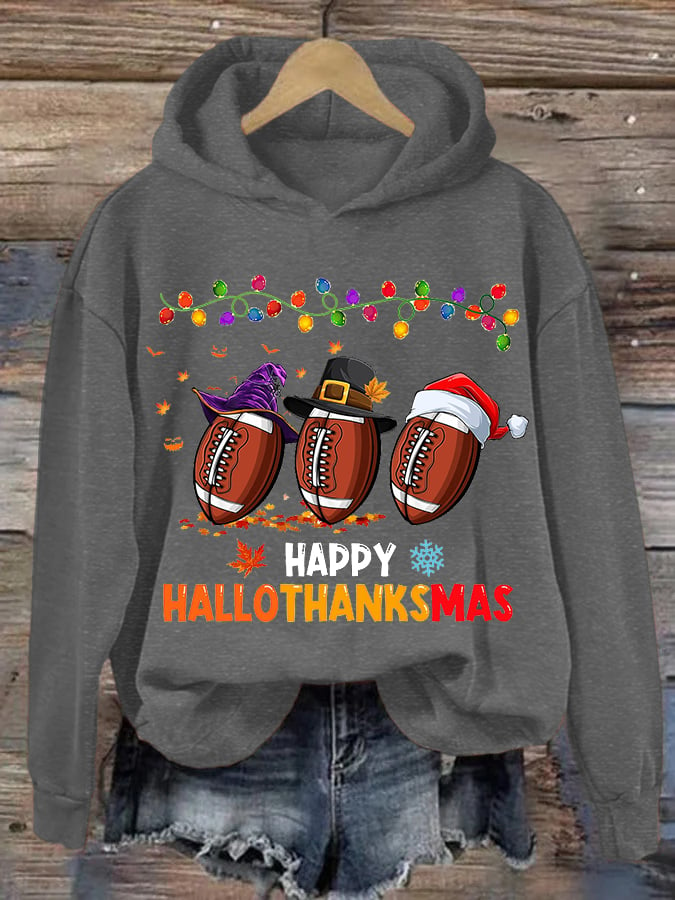 Women's Happy Hallothanksmas Football Print Hoodie