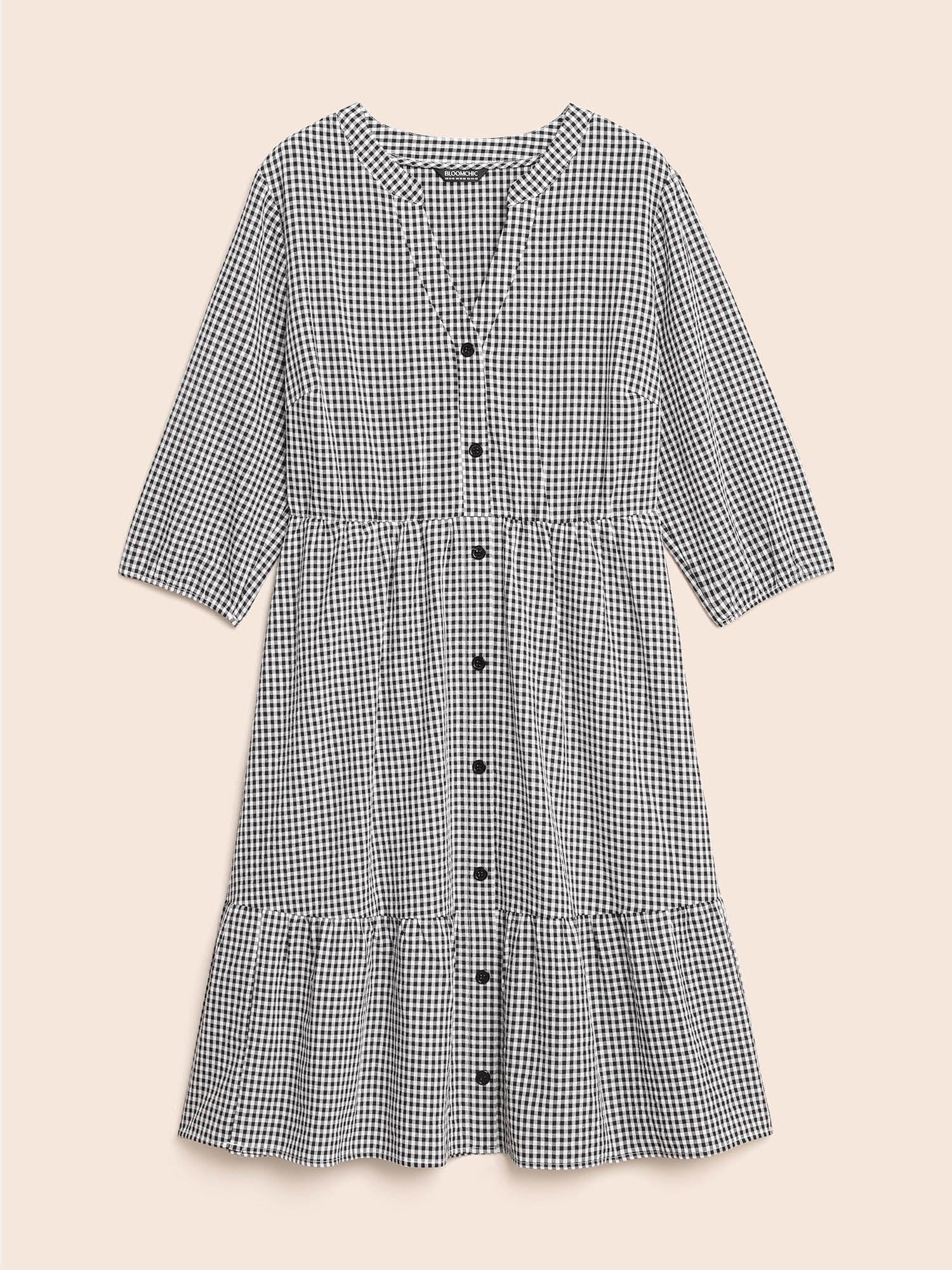 Gingham Notched Ruffle Hem Lantern Sleeve Dress