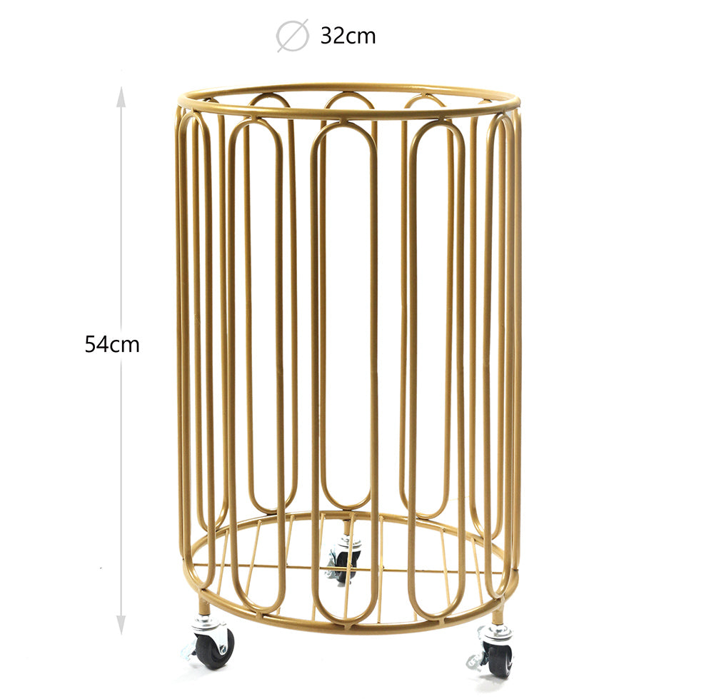 54cm Modern Round Metal Laundry Basket With Wheels. Gold