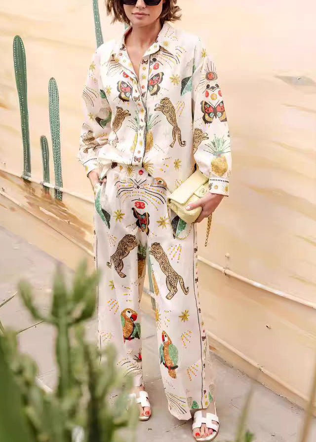 Casual Apricot Peter Pan Collar Tiger Print Shirts And Wide Leg Pants Two Piece Set Fall