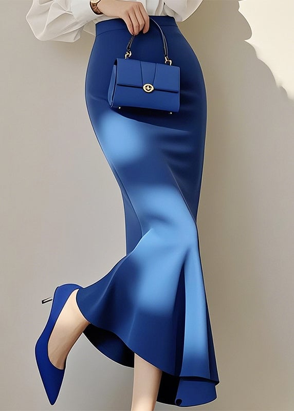 New Blue Solid High Waist Cotton Fishtail Skirt Spring