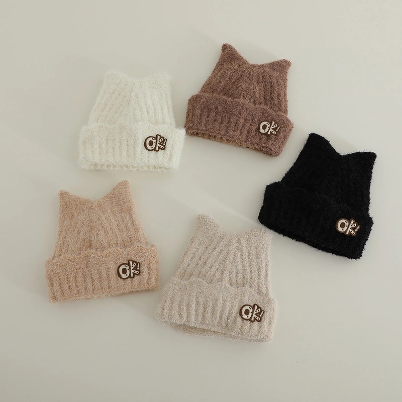 Cute Cat Ears Plush Knitted Hat Autumn And Winter Children Warm Baby's Knit Hat Personality Girl Sleeve Cap