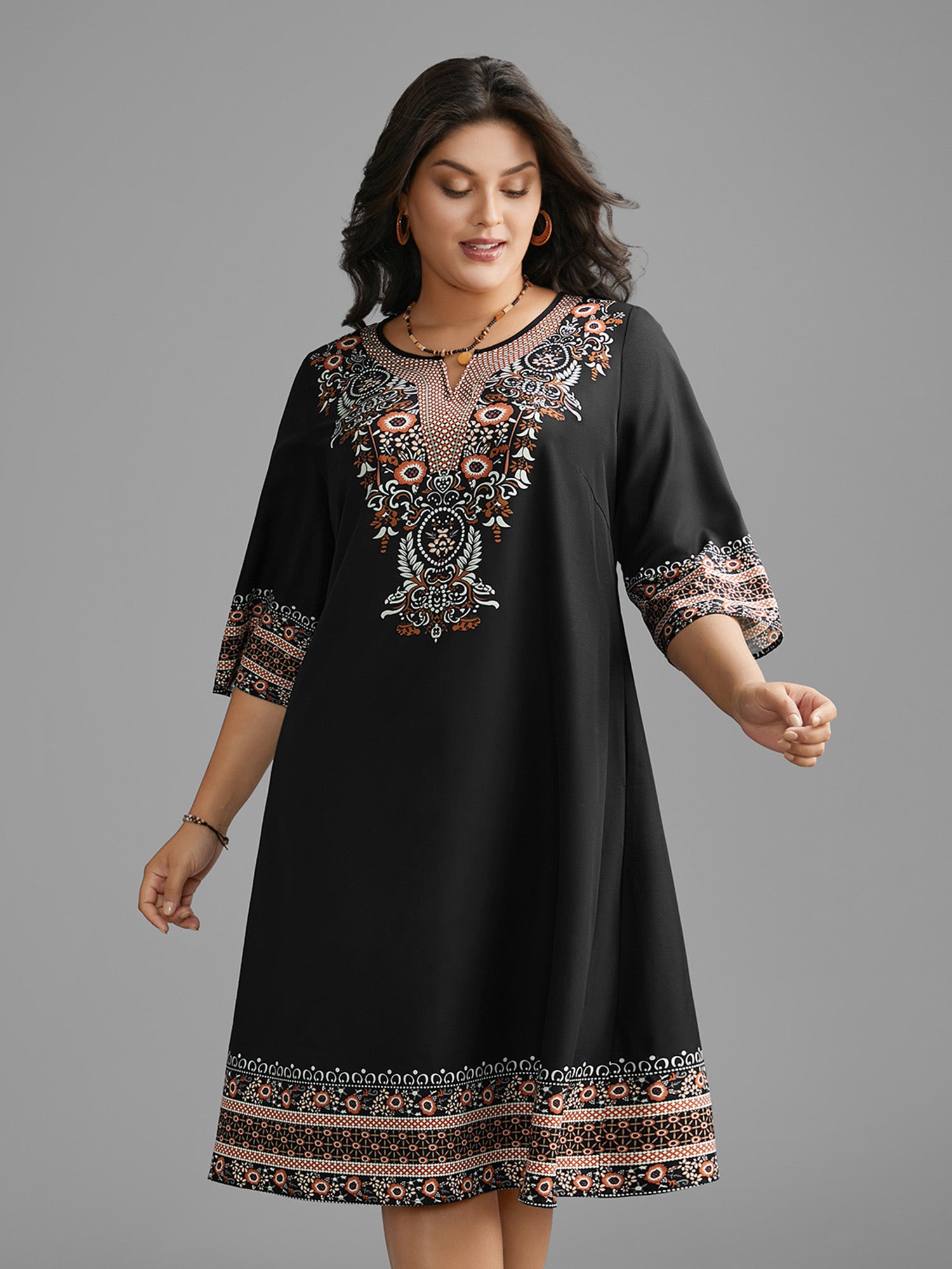 Notched Collar Boho Print Pocket Dress