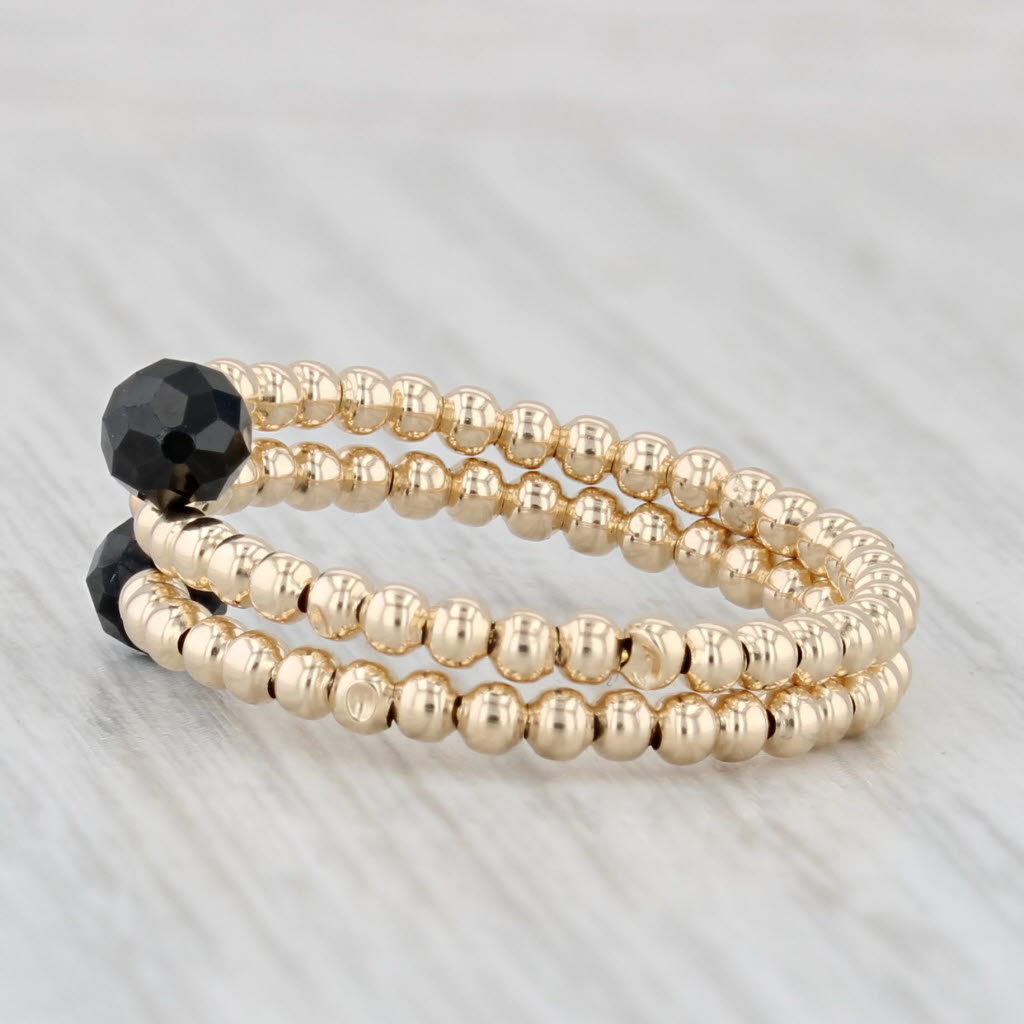 New Black Glass Bead Bypass Ring 14k Yellow Gold Adjustable Size 8
