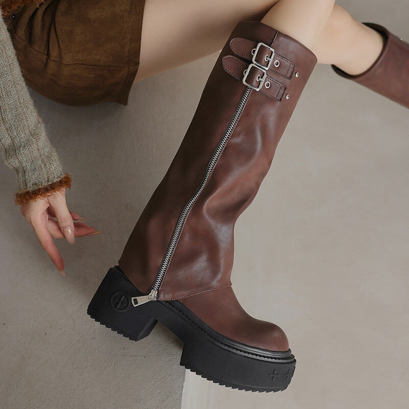 Women's Round Toe Folded Leather High-Calf Boots With Double Buckle in Black/Dark Brown