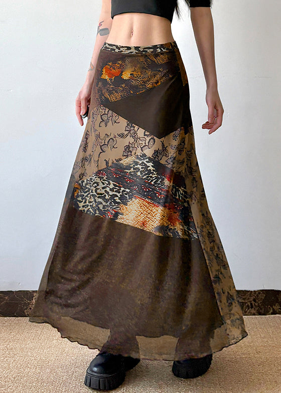 Retro Brown Print High Waist Patchwork Tulle Skirt Summer