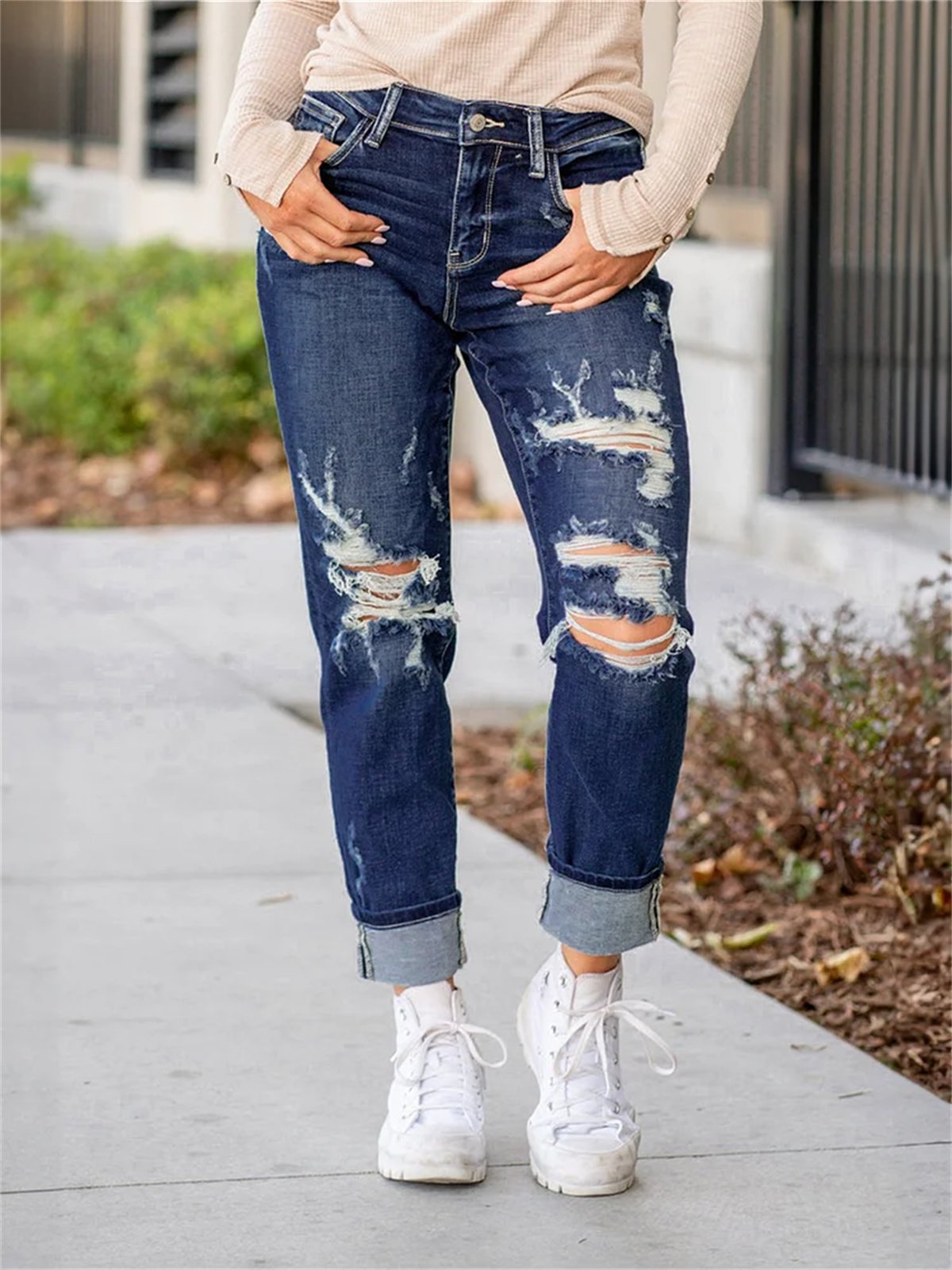 🔥Último Día 49% OFF: Jeans Estilo Boyfriend Con Puños Desgastados Y Control De Barriga