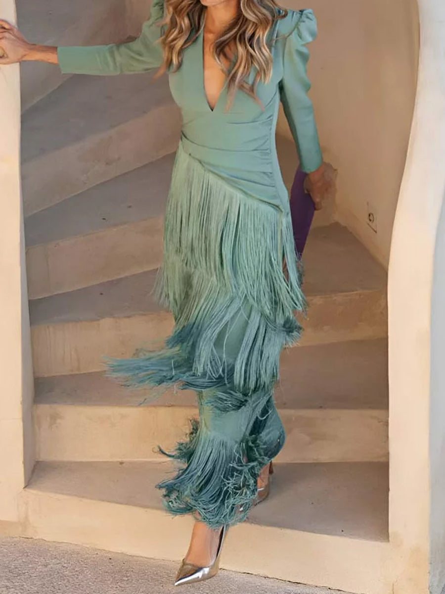 Deep V Neck Tassel Hem Dress