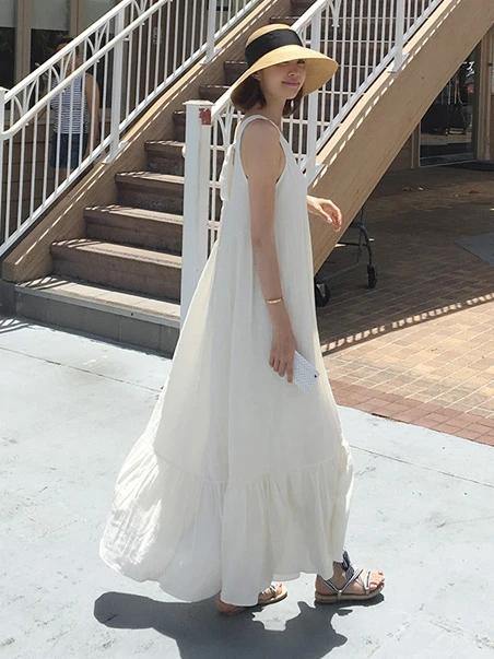 Natural sleeveless patchwork cotton quilting dresses Work white Maxi Dresses