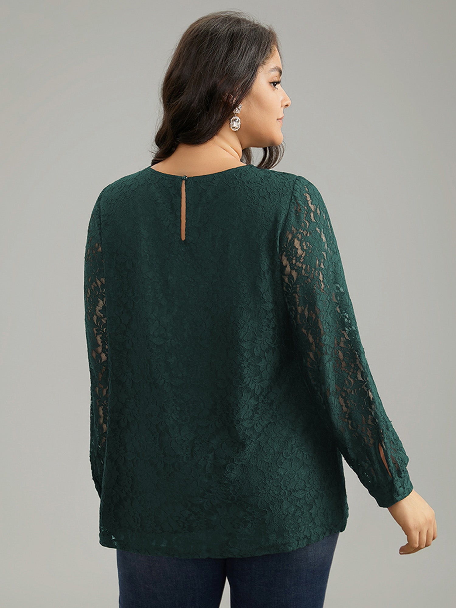 Solid Crochet Lace Mesh Crew Neck Blouse