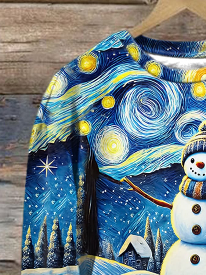 Retro Christmas Starry Night Snowman Let It Snow Print Sweatshirt