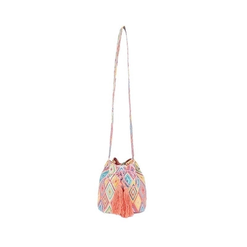 Women's Medium Canvas Geometric Ethnic Style Bucket Open Bucket Bag
