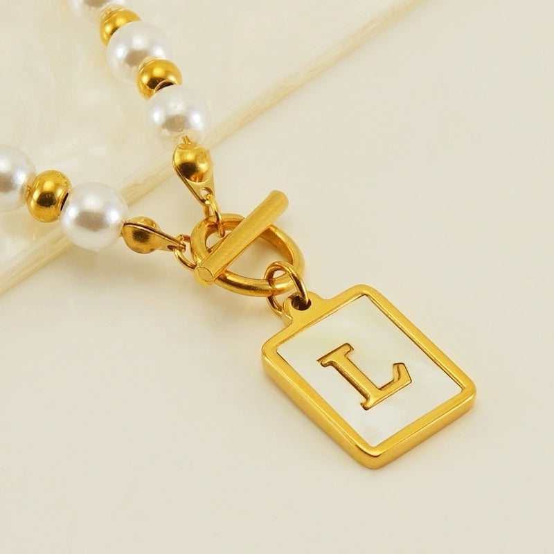 Stainless Steel 18K Gold Plated Elegant French Style Pearl Plating Inlay Letter Shell Pendant Necklace