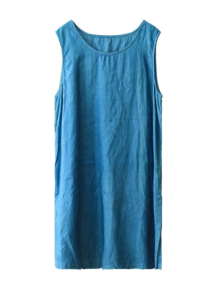 Women Summer Pure Color O-Neck 100%Hemp Long Vest