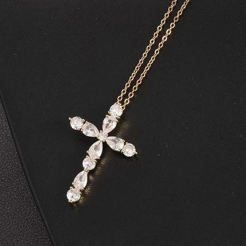 Stainless Steel 18K Gold Plated Minimalist Plating Inlay Cross Zircon